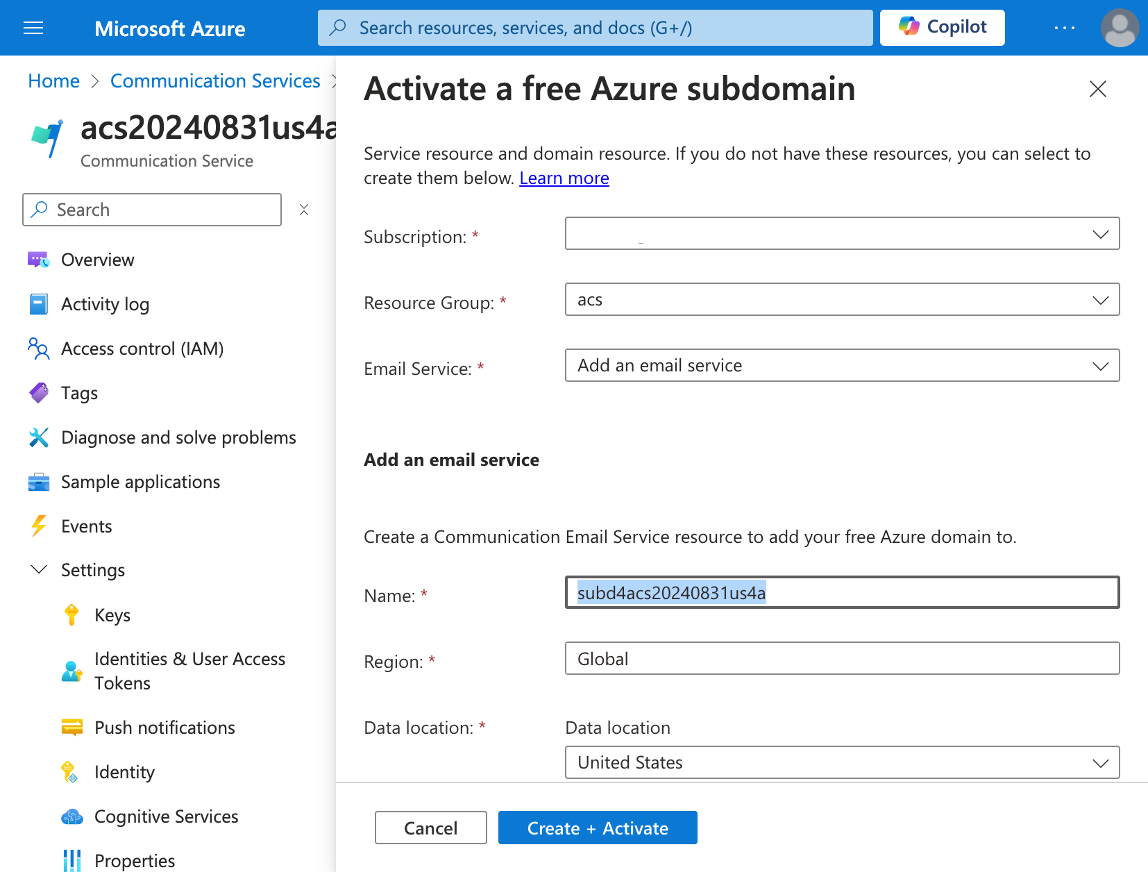 Fill Azure subdomain form